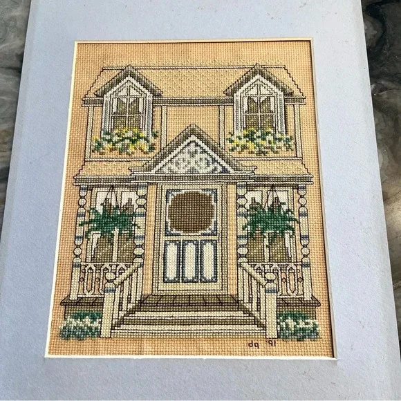Vintage Cross Stitch Victorian House With Ferns Signed Dated - Picture 3 of 11